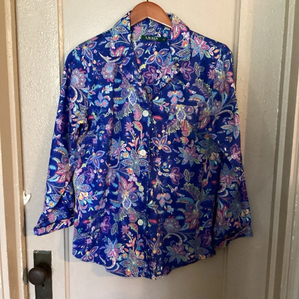 Lauren Ralph Lauren Pajama Top Womens M Blue Multi Paisley Floral Piping